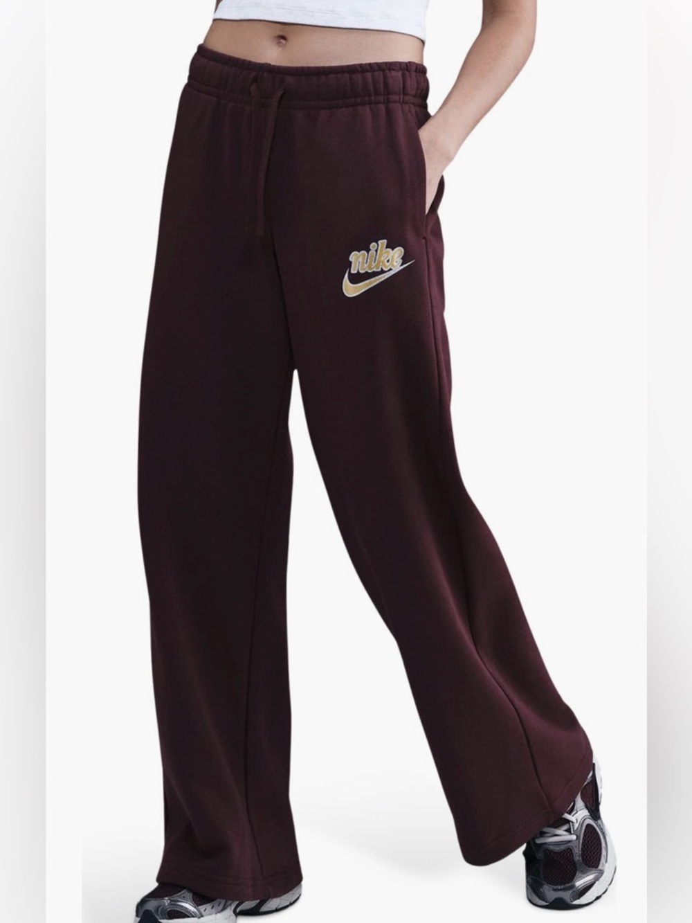 Nike Kids Maroon Wide-Leg Joggers with Gold Logo